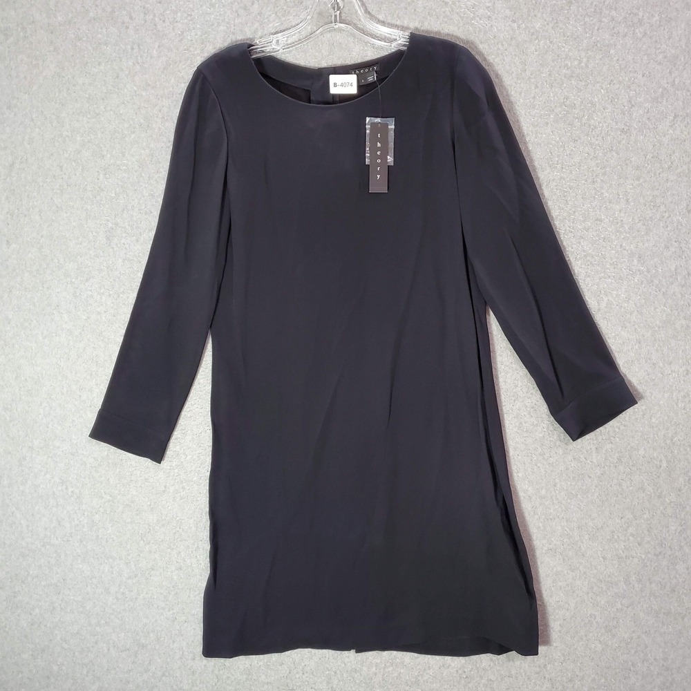 Theory Women Dress 2 Black Natria Mini Shift Button Back Long Sleeve NWT